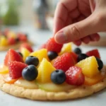 Hand placing colorful fruits on a mini fruit pizza in a clean kitchen with natural light.