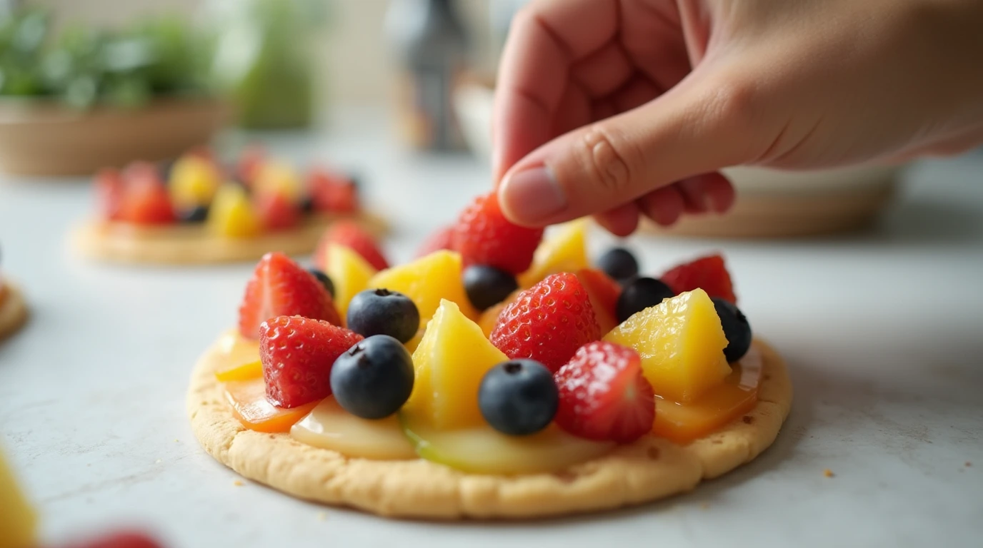 Hand placing colorful fruits on a mini fruit pizza in a clean kitchen with natural light.