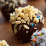 Close-up of chocolate-covered banana bites topped with coconut flakes, chopped nuts, and colorful sprinkles.