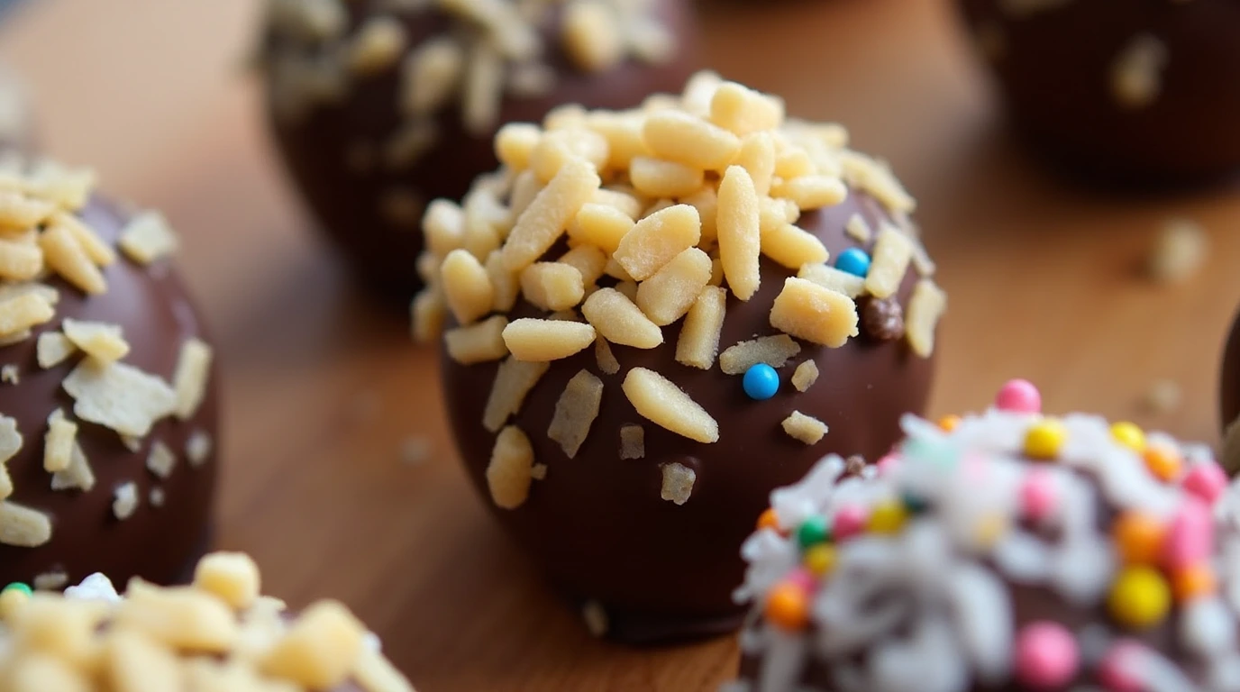 Close-up of chocolate-covered banana bites topped with coconut flakes, chopped nuts, and colorful sprinkles.