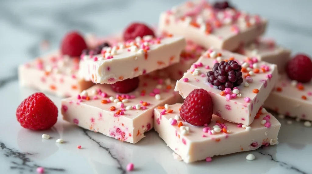 Close-up shot of broken frozen yogurt bark pieces with colorful sprinkles and fresh fruit toppings, scattered on a cool marble surface.