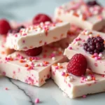 Close-up shot of broken frozen yogurt bark pieces with colorful sprinkles and fresh fruit toppings, scattered on a cool marble surface.