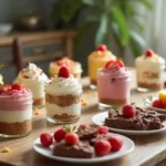 A variety of quick and easy desserts, including no-bake cheesecakes in mason jars, chocolate peanut butter bars, frozen yogurt bark, fruit kabobs, and banana ice cream, displayed on a rustic kitchen table with vibrant fruits and toppings.