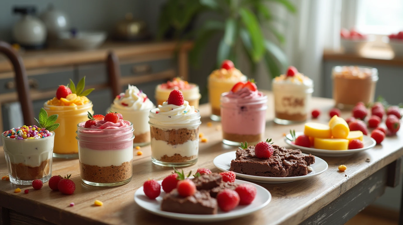 A variety of quick and easy desserts, including no-bake cheesecakes in mason jars, chocolate peanut butter bars, frozen yogurt bark, fruit kabobs, and banana ice cream, displayed on a rustic kitchen table with vibrant fruits and toppings.