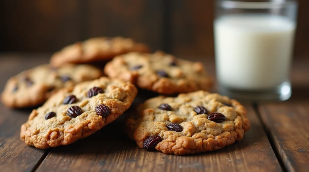 Freshly baked classic oatmeal raisin cookies with milk